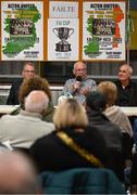 28 September 2023; Carrick Hill resident Frank Dempsey speaking as descendants of Alton United receive the Sports Direct Men’s FAI Cup for the first time in Carrick Hill, Belfast on the 100th anniversary of the Club winning the Cup as the only Belfast team to win the competition in its history. Photo by David Fitzgerald/Sportsfile