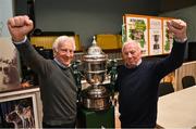 28 September 2023; Local Carrick Hill residents John, left, and Paul McCormick with the cup as descendants of Alton United receive the Sports Direct Men’s FAI Cup for the first time in Carrick Hill, Belfast on the 100th anniversary of the Club winning the Cup in 1923. Alton United is the only Belfast team to win the competition in its history. Photo by David Fitzgerald/Sportsfile