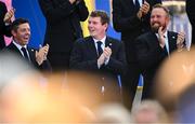 28 September 2023; Team Europe players, from left, Rory McIlroy, Robert MacIntyre and Shane Lowry during the opening ceremony of the 2023 Ryder Cup at Marco Simone Golf and Country Club in Rome, Italy. Photo by Ramsey Cardy/Sportsfile