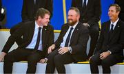 28 September 2023; Robert MacIntyre, left, Shane Lowry and vice-captain Nicolas Colsaerts during the opening ceremony of the 2023 Ryder Cup at Marco Simone Golf and Country Club in Rome, Italy. Photo by Brendan Moran/Sportsfile