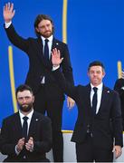 28 September 2023; Rory McIlroy of Europe, second from right, and playing partner Tommy Fleetwood are announced during the opening ceremony of the 2023 Ryder Cup at Marco Simone Golf and Country Club in Rome, Italy. Photo by Brendan Moran/Sportsfile
