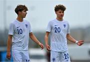 28 September 2023; Rasmus Tuomi of Finland, left, and team-mate Bruno Katz during the U16 international friendly match between Republic of Ireland and Finland at Weavers Park in Drogheda, Louth. Photo by Tyler Miller/Sportsfile