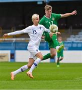 28 September 2023; Cillian Tollett of Republic of Ireland in action against Tatu Hukkanen of Finland during the U16 international friendly match between Republic of Ireland and Finland at Weavers Park in Drogheda, Louth. Photo by Tyler Miller/Sportsfile