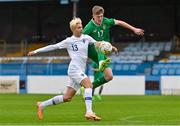 28 September 2023; Cillian Tollett of Republic of Ireland in action against Tatu Hukkanen of Finland during the U16 international friendly match between Republic of Ireland and Finland at Weavers Park in Drogheda, Louth. Photo by Tyler Miller/Sportsfile