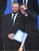 28 September 2023; Shane Lowry of Europe, left, with vice-captain Nicolas Colsaerts during the opening ceremony of the 2023 Ryder Cup at Marco Simone Golf and Country Club in Rome, Italy. Photo by Brendan Moran/Sportsfile