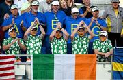 29 September 2023; Ireland and Sweden supporters in the galleries on the first tee box during the morning foursomes matches on day one of the 2023 Ryder Cup at Marco Simone Golf and Country Club in Rome, Italy. Photo by Brendan Moran/Sportsfile