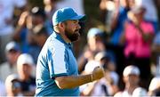 29 September 2023; Shane Lowry of Europe celebrates winning the fourth hole during the morning foursomes matches on day one of the 2023 Ryder Cup at Marco Simone Golf and Country Club in Rome, Italy. Photo by Ramsey Cardy/Sportsfile