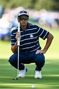 29 September 2023; Rickie Fowler of USA lines up a putt on the 9th green during the morning foursomes matches on day one of the 2023 Ryder Cup at Marco Simone Golf and Country Club in Rome, Italy. Photo by Brendan Moran/Sportsfile