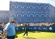 29 September 2023; Rickie Fowler of USA watches his tee shot on the eighth hole, watched by Shane Lowry of Europe, during the morning foursomes matches on day one of the 2023 Ryder Cup at Marco Simone Golf and Country Club in Rome, Italy. Photo by Ramsey Cardy/Sportsfile