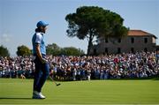 29 September 2023; Tommy Fleetwood of Europe celebrates after putting on the 15th green during the morning foursomes matches on day one of the 2023 Ryder Cup at Marco Simone Golf and Country Club in Rome, Italy. Photo by Brendan Moran/Sportsfile