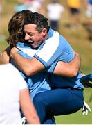 29 September 2023; Europe's Rory McIlroy, right, and Tommy Fleetwood celebrate their pairing's victory on the 17th green during the morning foursomes matches on day one of the 2023 Ryder Cup at Marco Simone Golf and Country Club in Rome, Italy. Photo by Brendan Moran/Sportsfile