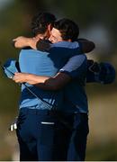 29 September 2023; Matt Fitzpatrick, right, and Rory McIlroy of Europe celebrate on the 15th green after victory on their match during the afternoon fourball matches on day one of the 2023 Ryder Cup at Marco Simone Golf and Country Club in Rome, Italy. Photo by Ramsey Cardy/Sportsfile