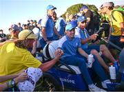 29 September 2023; Matt Fitzpatrick, front, and Rory McIlroy of Europe after their round during the afternoon fourball matches on day one of the 2023 Ryder Cup at Marco Simone Golf and Country Club in Rome, Italy. Photo by Ramsey Cardy/Sportsfile
