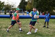 29 September 2023; Hugo Keenan and James Lowe during an Ireland rugby visit to Drop Quartier Rugby ran by UST Tour Rugby in Tours, France. Photo by Harry Murphy/Sportsfile