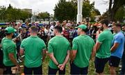 29 September 2023; Ireland players, from left, Jamison Gibson-Park, Dave Kilcoyne, Hugo Keenan, James Lowe, Iain Henderson and Josh van der Flier during an Ireland rugby visit to Drop Quartier Rugby ran by UST Tour Rugby in Tours, France. Photo by Harry Murphy/Sportsfile