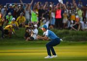 29 September 2023; Justin Rose of Europe celebrates on the 18th green after sinking a putt to win the hole and tie his match during the afternoon fourball matches on day one of the 2023 Ryder Cup at Marco Simone Golf and Country Club in Rome, Italy. Photo by Brendan Moran/Sportsfile