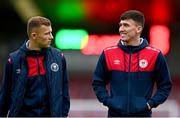 29 September 2023; Joe Redmond, right, and Jamie Lennon of St Patrick's Athletic before the SSE Airtricity Men's Premier Division match between Cork City and St Patrick's Athletic at Turner's Cross in Cork. Photo by Eóin Noonan/Sportsfile