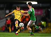 29 September 2023; Adam Murphy of St Patrick's Athletic in action against Cian Bargary of Cork City during the SSE Airtricity Men's Premier Division match between Cork City and St Patrick's Athletic at Turner's Cross in Cork. Photo by Eóin Noonan/Sportsfile