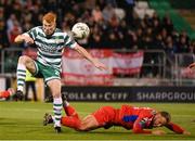 29 September 2023; Rory Gaffney of Shamrock Rovers in action against Paddy Barrett of Shelbourne during the SSE Airtricity Men's Premier Division match between Shamrock Rovers and Shelbourne at Tallaght Stadium in Dublin. Photo by Stephen McCarthy/Sportsfile