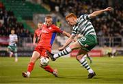 29 September 2023; Rory Gaffney of Shamrock Rovers in action against Gavin Molloy of Shelbourne during the SSE Airtricity Men's Premier Division match between Shamrock Rovers and Shelbourne at Tallaght Stadium in Dublin. Photo by Stephen McCarthy/Sportsfile