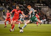 29 September 2023; Rory Gaffney of Shamrock Rovers in action against Gavin Molloy of Shelbourne during the SSE Airtricity Men's Premier Division match between Shamrock Rovers and Shelbourne at Tallaght Stadium in Dublin. Photo by Stephen McCarthy/Sportsfile