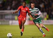 29 September 2023; Euclides Cabral of Shelbourne in action against Sean Kavanagh of Shamrock Rovers during the SSE Airtricity Men's Premier Division match between Shamrock Rovers and Shelbourne at Tallaght Stadium in Dublin. Photo by Stephen McCarthy/Sportsfile