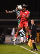29 September 2023; Euclides Cabral of Shelbourne in action against Lee Grace of Shamrock Rovers during the SSE Airtricity Men's Premier Division match between Shamrock Rovers and Shelbourne at Tallaght Stadium in Dublin. Photo by Stephen McCarthy/Sportsfile