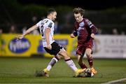 29 September 2023; Darragh Markey of Drogheda United is tackled by Robbie Benson of Dundalk during the SSE Airtricity Men's Premier Division match between Dundalk and Drogheda United at Oriel Park in Dundalk, Louth. Photo by Ben McShane/Sportsfile