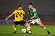 29 September 2023; Aaron Bolger of Cork City in action against Adam Murphy of St Patrick's Athletic during the SSE Airtricity Men's Premier Division match between Cork City and St Patrick's Athletic at Turner's Cross in Cork. Photo by Eóin Noonan/Sportsfile