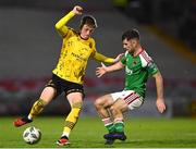29 September 2023; Chris Forrester of St Patrick's Athletic in action against Aaron Bolger of Cork City during the SSE Airtricity Men's Premier Division match between Cork City and St Patrick's Athletic at Turner's Cross in Cork. Photo by Eóin Noonan/Sportsfile