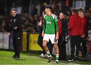 29 September 2023; John O'Donovan of Cork City leaves the pitch after being shown a red card by referee Oliver Moran during the SSE Airtricity Men's Premier Division match between Cork City and St Patrick's Athletic at Turner's Cross in Cork. Photo by Eóin Noonan/Sportsfile