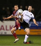 29 September 2023; Patrick Hoban of Dundalk in action against Matthew O'Brien of Drogheda United during the SSE Airtricity Men's Premier Division match between Dundalk and Drogheda United at Oriel Park in Dundalk, Louth. Photo by Ben McShane/Sportsfile
