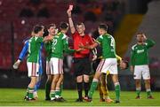 29 September 2023; John O'Donovan of Cork City protests to referee Oliver Moran after being shown a red card during the SSE Airtricity Men's Premier Division match between Cork City and St Patrick's Athletic at Turner's Cross in Cork. Photo by Eóin Noonan/Sportsfile