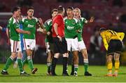 29 September 2023; John O'Donovan of Cork City protests to referee Oliver Moran after being shown a red card during the SSE Airtricity Men's Premier Division match between Cork City and St Patrick's Athletic at Turner's Cross in Cork. Photo by Eóin Noonan/Sportsfile
