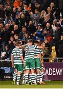 29 September 2023; Shamrock Rovers players celebrate after Graham Burke, right, scored his side's first goal during the SSE Airtricity Men's Premier Division match between Shamrock Rovers and Shelbourne at Tallaght Stadium in Dublin. Photo by Stephen McCarthy/Sportsfile