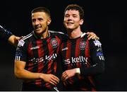 29 September 2023; Ali Coote of Bohemians, right, celebrates with team-mate Keith Buckley after scoring his side's second goal during the SSE Airtricity Men's Premier Division match between Bohemians and Sligo Rovers at Dalymount Park in Dublin. Photo by Tyler Miller/Sportsfile
