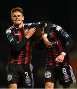 29 September 2023; Ali Coote of Bohemians, right, celebrates with team-mate Paddy Kirk after scoring his side's second goal during the SSE Airtricity Men's Premier Division match between Bohemians and Sligo Rovers at Dalymount Park in Dublin. Photo by Tyler Miller/Sportsfile