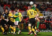 29 September 2023; Cian Coleman of Cork City in action against Mark Doyle of St Patrick's Athletic during the SSE Airtricity Men's Premier Division match between Cork City and St Patrick's Athletic at Turner's Cross in Cork. Photo by Eóin Noonan/Sportsfile