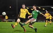 29 September 2023; Aaron Bolger of Cork City in action against Mark Doyle of St Patrick's Athletic during the SSE Airtricity Men's Premier Division match between Cork City and St Patrick's Athletic at Turner's Cross in Cork. Photo by Eóin Noonan/Sportsfile