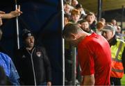 29 September 2023; Referee Oliver Moran leaves the pitch after the SSE Airtricity Men's Premier Division match between Cork City and St Patrick's Athletic at Turner's Cross in Cork. Photo by Eóin Noonan/Sportsfile