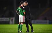 29 September 2023; Cork City assistant manager Richie Holland with Ruairi Keating of Cork City after the SSE Airtricity Men's Premier Division match between Cork City and St Patrick's Athletic at Turner's Cross in Cork. Photo by Eóin Noonan/Sportsfile