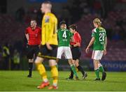 29 September 2023; Cork City captain Cian Coleman protests to official Michelle O'Neill after the SSE Airtricity Men's Premier Division match between Cork City and St Patrick's Athletic at Turner's Cross in Cork. Photo by Eóin Noonan/Sportsfile