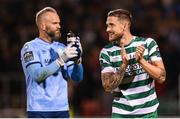 29 September 2023; Lee Grace, right, and Alan Mannus of Shamrock Rovers celebrate after the SSE Airtricity Men's Premier Division match between Shamrock Rovers and Shelbourne at Tallaght Stadium in Dublin. Photo by Stephen McCarthy/Sportsfile