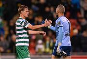 29 September 2023; Daniel Cleary, left, and Alan Mannus of Shamrock Rovers after the SSE Airtricity Men's Premier Division match between Shamrock Rovers and Shelbourne at Tallaght Stadium in Dublin. Photo by Stephen McCarthy/Sportsfile