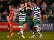 29 September 2023; Jack Byrne, left, and Lee Grace of Shamrock Rovers celebrate after the SSE Airtricity Men's Premier Division match between Shamrock Rovers and Shelbourne at Tallaght Stadium in Dublin. Photo by Stephen McCarthy/Sportsfile
