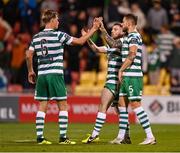 29 September 2023; Shamrock Rovers players, from left, Daniel Cleary, Jack Byrne and Lee Grace celebrate after the SSE Airtricity Men's Premier Division match between Shamrock Rovers and Shelbourne at Tallaght Stadium in Dublin. Photo by Stephen McCarthy/Sportsfile