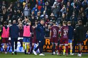 29 September 2023; Drogheda United manager Kevin Doherty with his players after the SSE Airtricity Men's Premier Division match between Dundalk and Drogheda United at Oriel Park in Dundalk, Louth. Photo by Ben McShane/Sportsfile