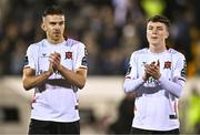 29 September 2023; Alfie Lewis, right, and Archie Davies of Dundalk after the SSE Airtricity Men's Premier Division match between Dundalk and Drogheda United at Oriel Park in Dundalk, Louth. Photo by Ben McShane/Sportsfile