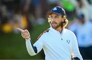 30 September 2023; Tommy Fleetwood of Europe celebrates a birdie putt on the second hole during the morning foursomes on day two of the 2023 Ryder Cup at Marco Simone Golf and Country Club in Rome, Italy. Photo by Ramsey Cardy/Sportsfile