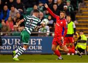 29 September 2023; Paddy Barrett of Shelbourne in action against Ronan Finn of Shamrock Rovers during the SSE Airtricity Men's Premier Division match between Shamrock Rovers and Shelbourne at Tallaght Stadium in Dublin. Photo by Stephen McCarthy/Sportsfile